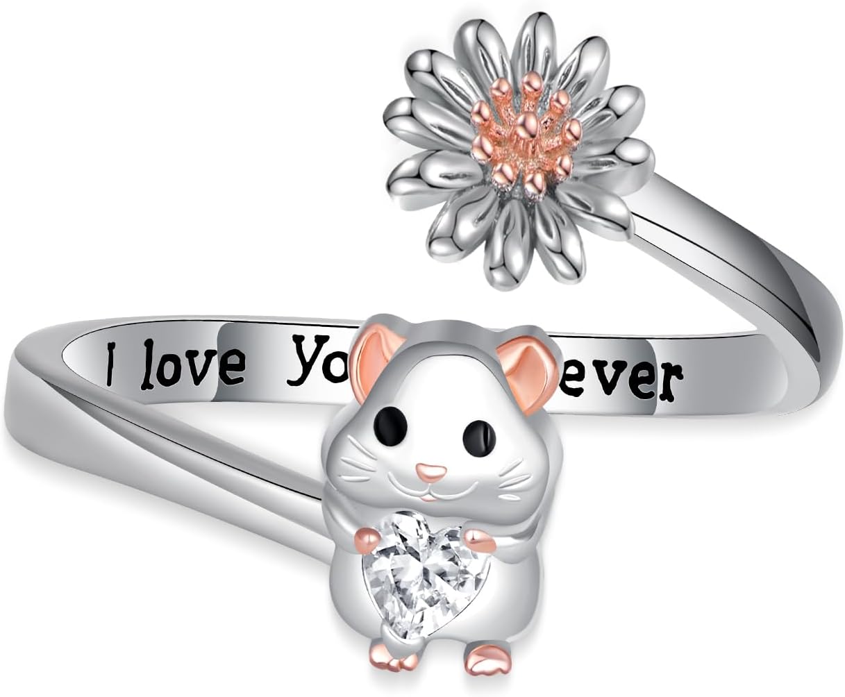 qielizhu Highland Cow Ring 925 Sterling Silver Adjustable Cute Cow\/Capybara\/Axolotl\/Dragon\/Panda Open Rings with Daisy Cow Jewelry Gift for Women