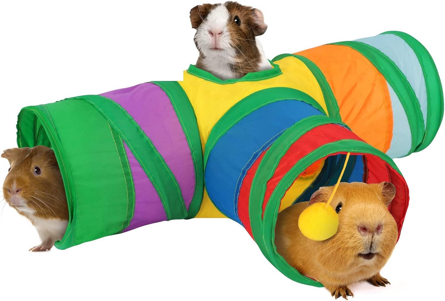 Rypet Guinea Pig Tunnel Hideout 3-Way Collapsible Small Pet Tubes, Rainbow | 3 Way Design for Exploration, Collapsible for Easy Storage, Built-in Play Ball, Hiding & Resting for Hamsters Ferrets